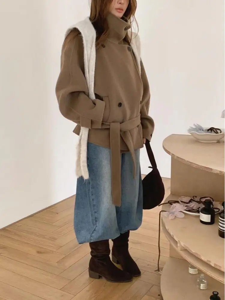 

Женские короткие шерстяные кашемировые куртки, осень-зима 2022, двубортные свободные женские шерстяные пальто с воротником-стойкой на шнуровке