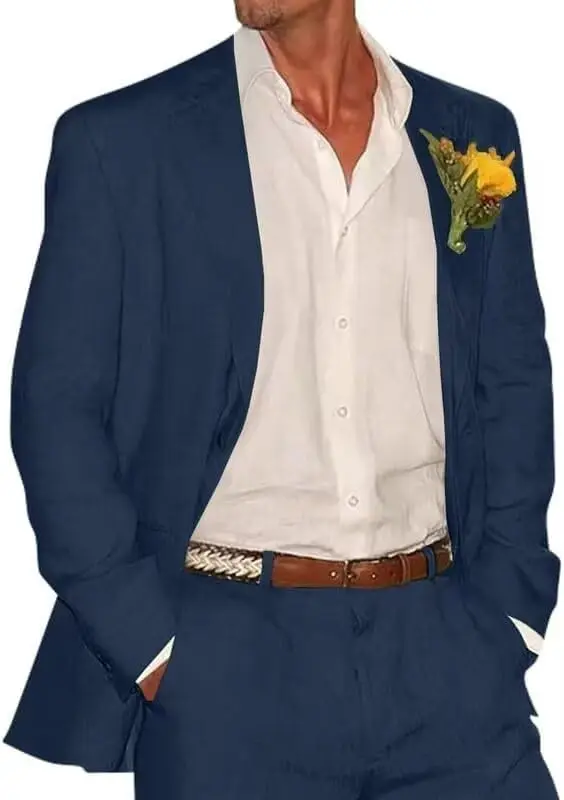 

2 Piece Linen Suits for Men Slim Fit Casual Beach Wedding Summer Grooms Groomsmen Linen Blazer Pants Suit