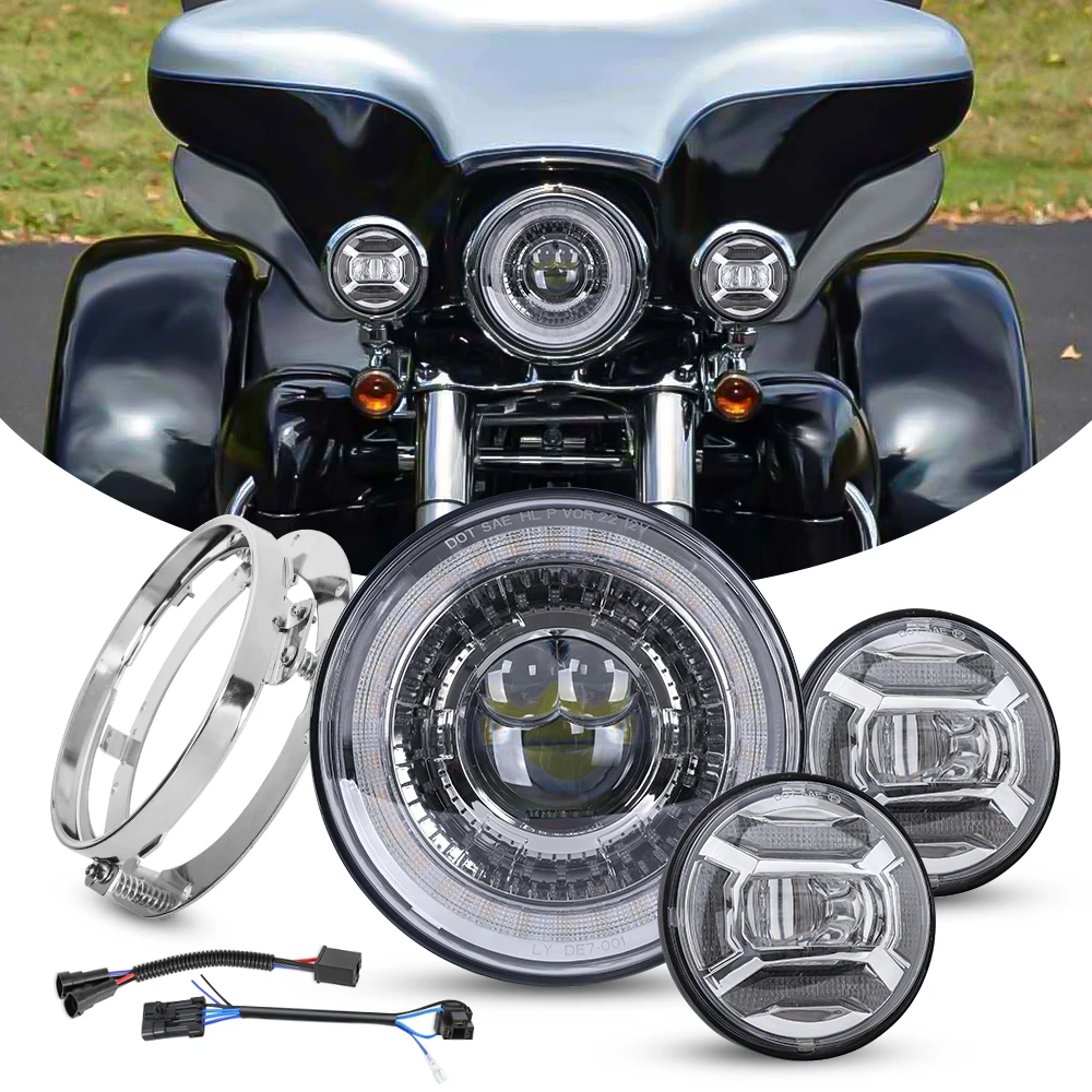 

Chrome Motorcycle LED 7 Inch Headlight + 4.5 Inch Fog Light For Harley Touring Road King Electra Glide Headlamp Kit