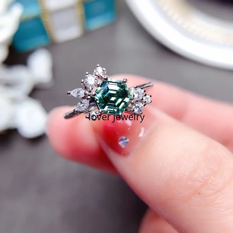 Hexagonal Green Moissanite Ring 925 Silver D Color  Rings for Women Fine Jewelry 1ct with Beautiful Color