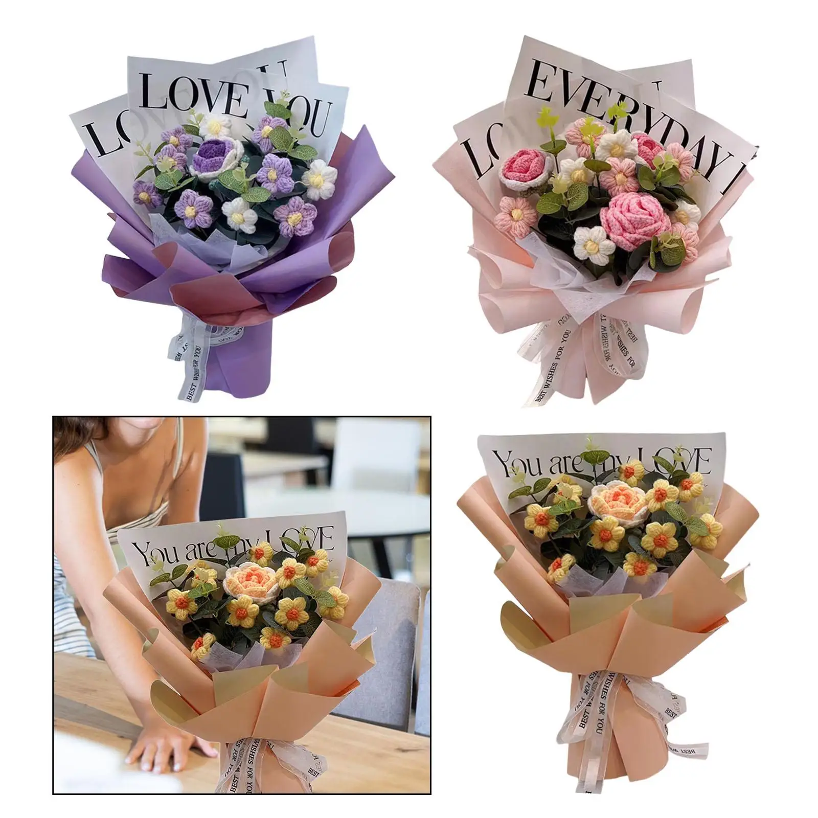 Buquê de flores de crochê feito à mão, buquê de flores falsas, decoração de flores artificiais para aniversário, noivado, aniversário