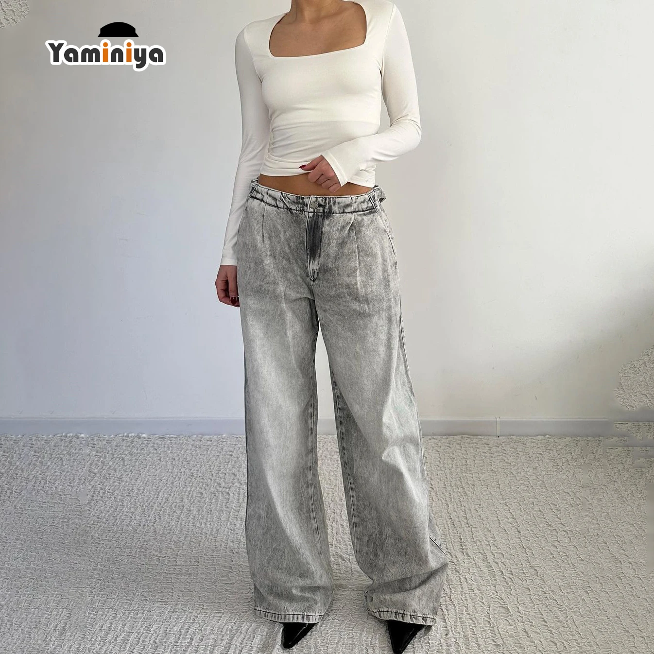 Yaminiya Distressed Vintage Grey Low Waist Y2K Baggy Jeans Women Wide Leg Adjusted Waisted Mom Straight Long Denim Jeans Street