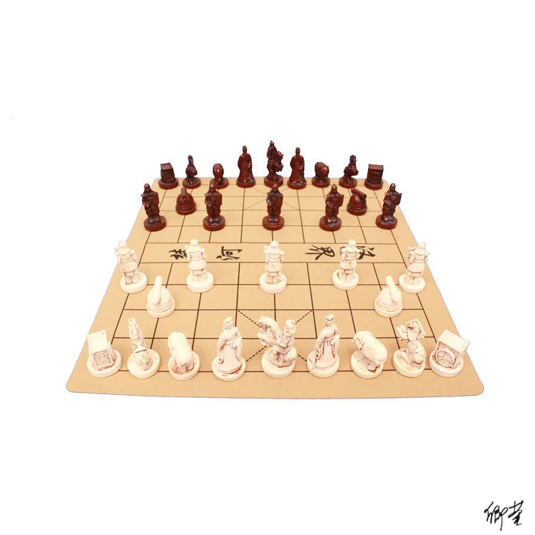 Chess retro three-dimensional PU leather chessboard resin Terra Cotta Warriors figure chessmen