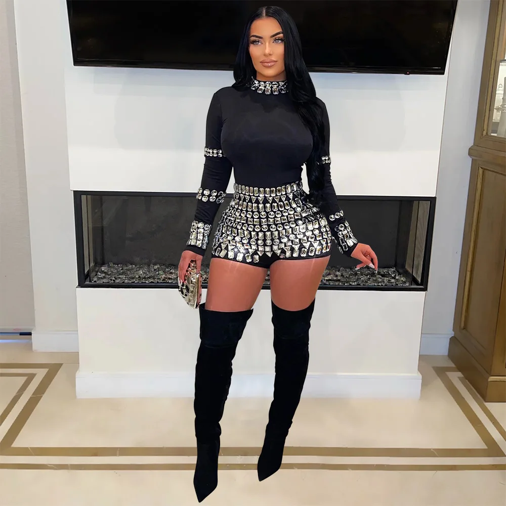 

2025 American European Summer New Fashion Women's Casual Trendy Skinny O-neck Long Sleeve Casual Trendy Short Jumpsuit Female