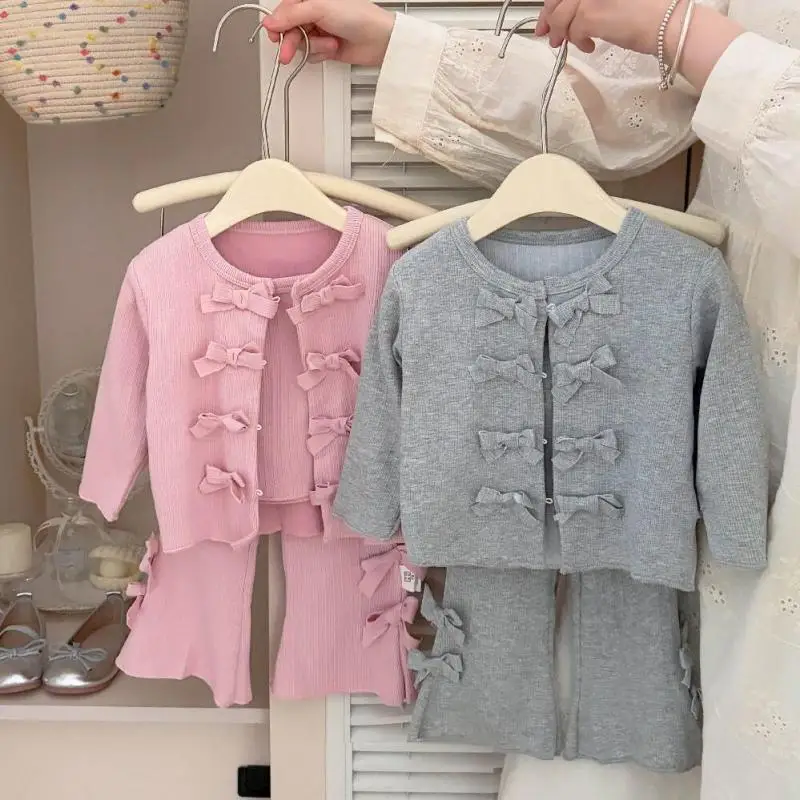 2026 Autumn New Baby Long Sleeve Clothes Set Girls Sling Vest + Sweet Bow Cardigan + Flared Pants 3pcs Suit Kids Cotton Outfits