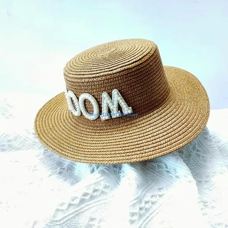 

P88B Women Bridal Straw Sun Cap Breathable Summerbeach Groom Hat Wedding Accessories