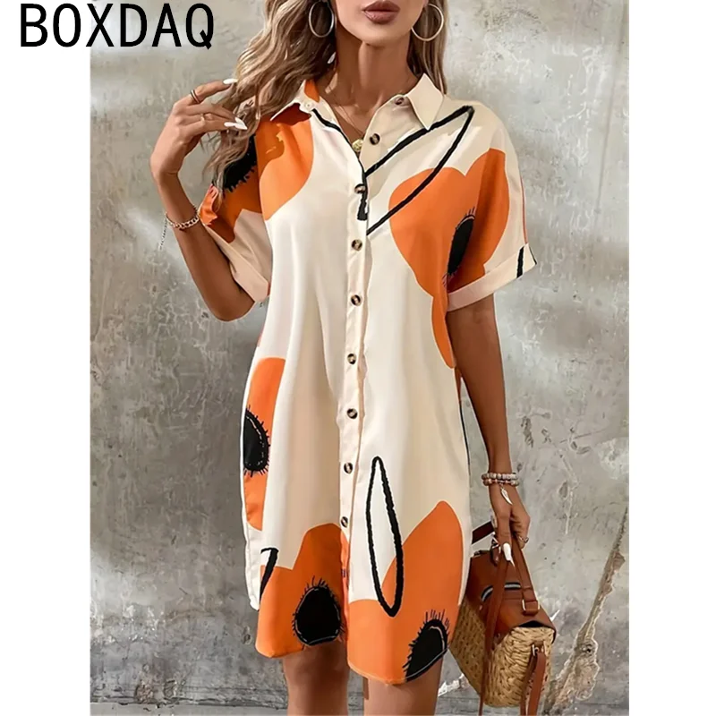 قميص نسائي فستان حجم كبير الصيف قصيرة الأكمام التلبيب قميص صغير فستان موضة واحدة الصدر ثلاثية الأبعاد الأزهار المطبوعة فستان كاجوال
