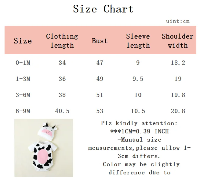 0-9 Monate Neugeborenes Baby Mädchen Body, süßer kleiner Milchkuh-Body und Mütze, 2-teiliges Set, geeignet für Babys, Mädchen, Sommer-Mode-Body – Detail 7