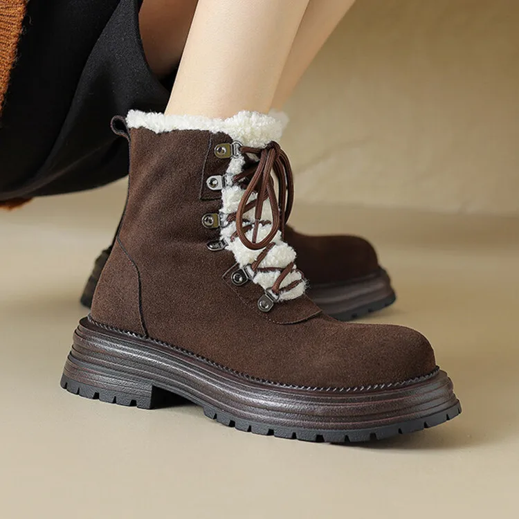 

Brown Suede Women Snow Boots Platform Rubber Sole Winter Short Botas Mujer Casual Lace Up Warm Botines Femininos Chaussure Mujer