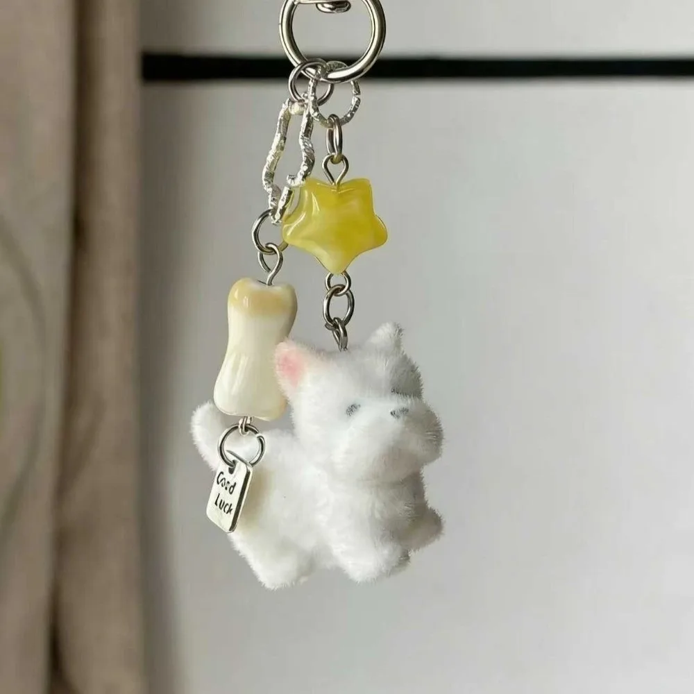 Gifts White Flocking Lamb Keychain with Yellow Star Lamb/Dog Lamb Bag Charm Soft Animal Pendant Phone Accessory