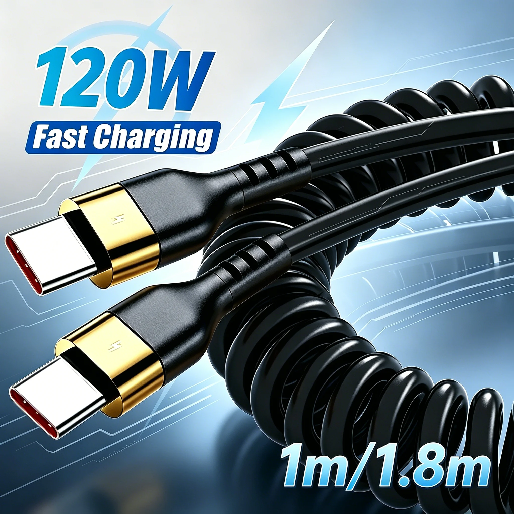 6A 120W PD Spring Type-C Cable Line USB C To Type C Fast Charging Data Cord Car Mobile Phones Charging Retractable Durable Cable
