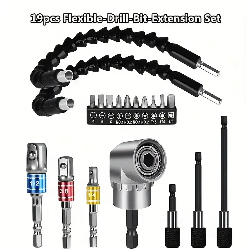 

19pcs/Set 105 Degree Right Angle Drill And Flexible Extension Bit Kit With Connecting Rod And Socket Adapter Screwdriver Bit Kit