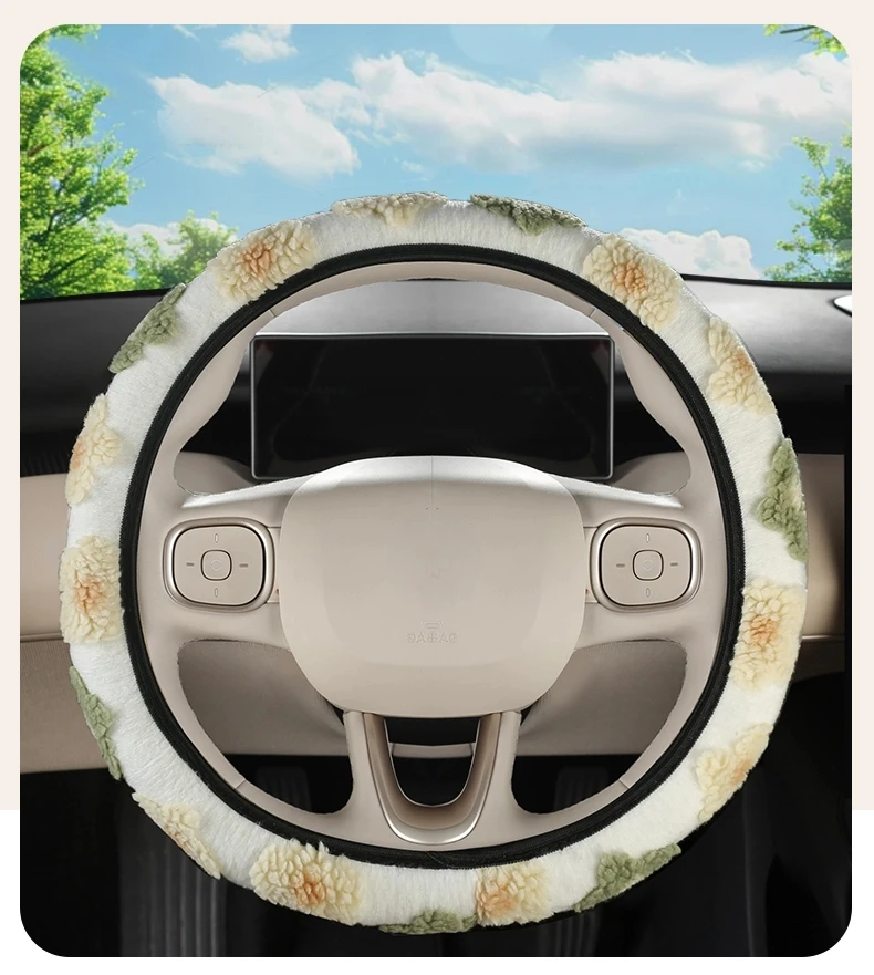 Blumenförmiger Auto-Lenkradbezug mit Plüsch-Dreidimensionalmuster Elastischer und Dehnbarer Schutzbezug für Damen-Autos – Detail 4