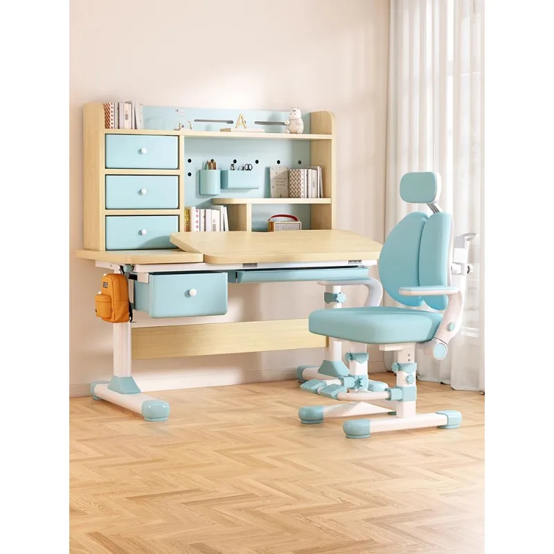 

Children's study desk home liftable desk writing writing primary school students, solid wood chair set