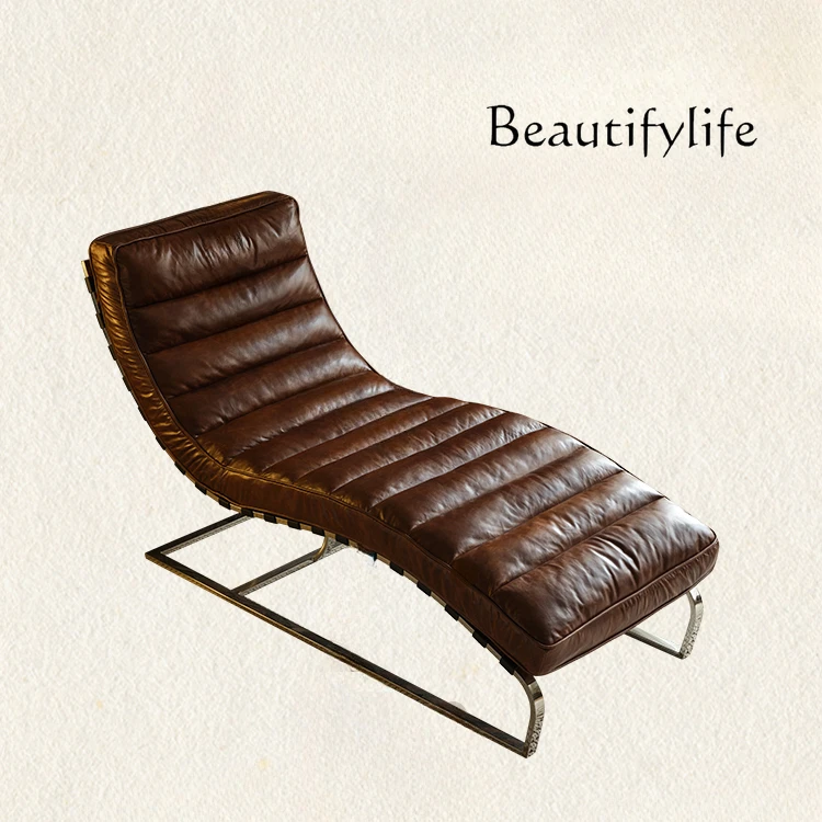 

American Retro Leather Recliner Designer Leisure Sofa Antique Style Living Room Lunch Break Chair