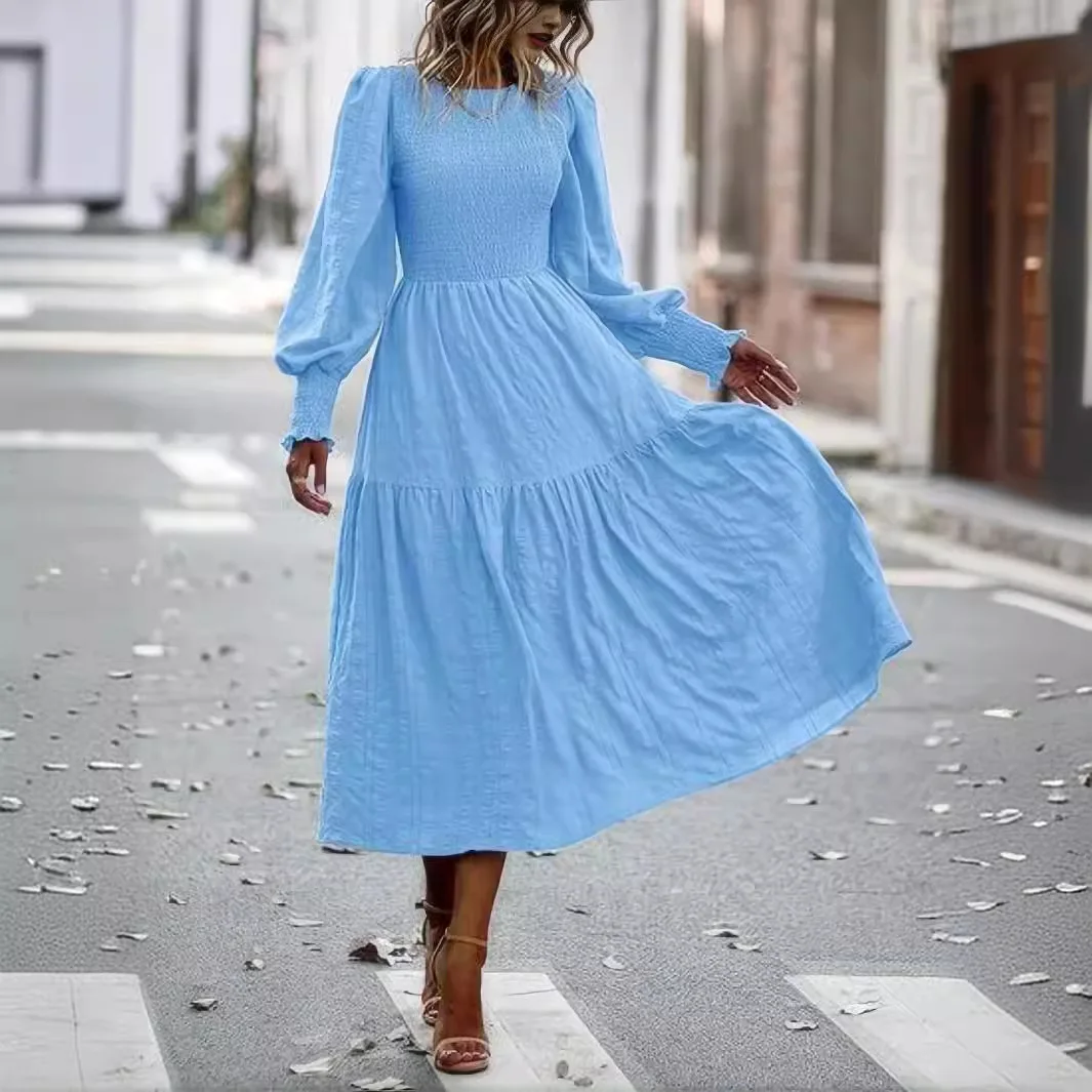 2025 outono inverno novo boêmio smocked maxi vestido lanterna manga em camadas plissado hem saia elegante roupas femininas