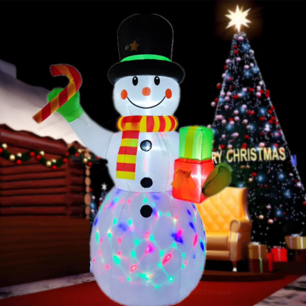 2.1M/7FT Christmas Inflatable Gift Snowman Holding a cane Built-in LED Lights Model Indoor Outdoor Party New Year Toys Ornament