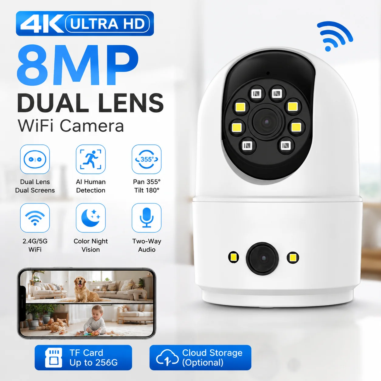 8MP Dual Screen Baby Monitor Camera AI PTZ WiFi Indoor Security Camera Auto Tracking Human Detection Two Way Audio Home CCTV