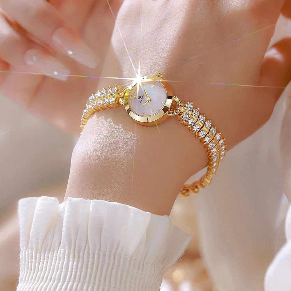 

Женские простые золотые часы с маленьким циферблатом, роскошные платья со стразами, браслет из пшеницы, женские часы для девочек-подростков, подарок, новые кварцевые часы