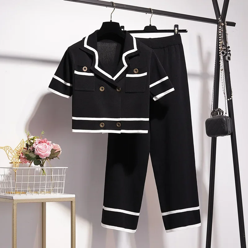 Women's Knitted Two-piece Cardigan Pocket Top High Waist Nine-Point Pants Contrast Color Striped Women's Sports Suit Fashion