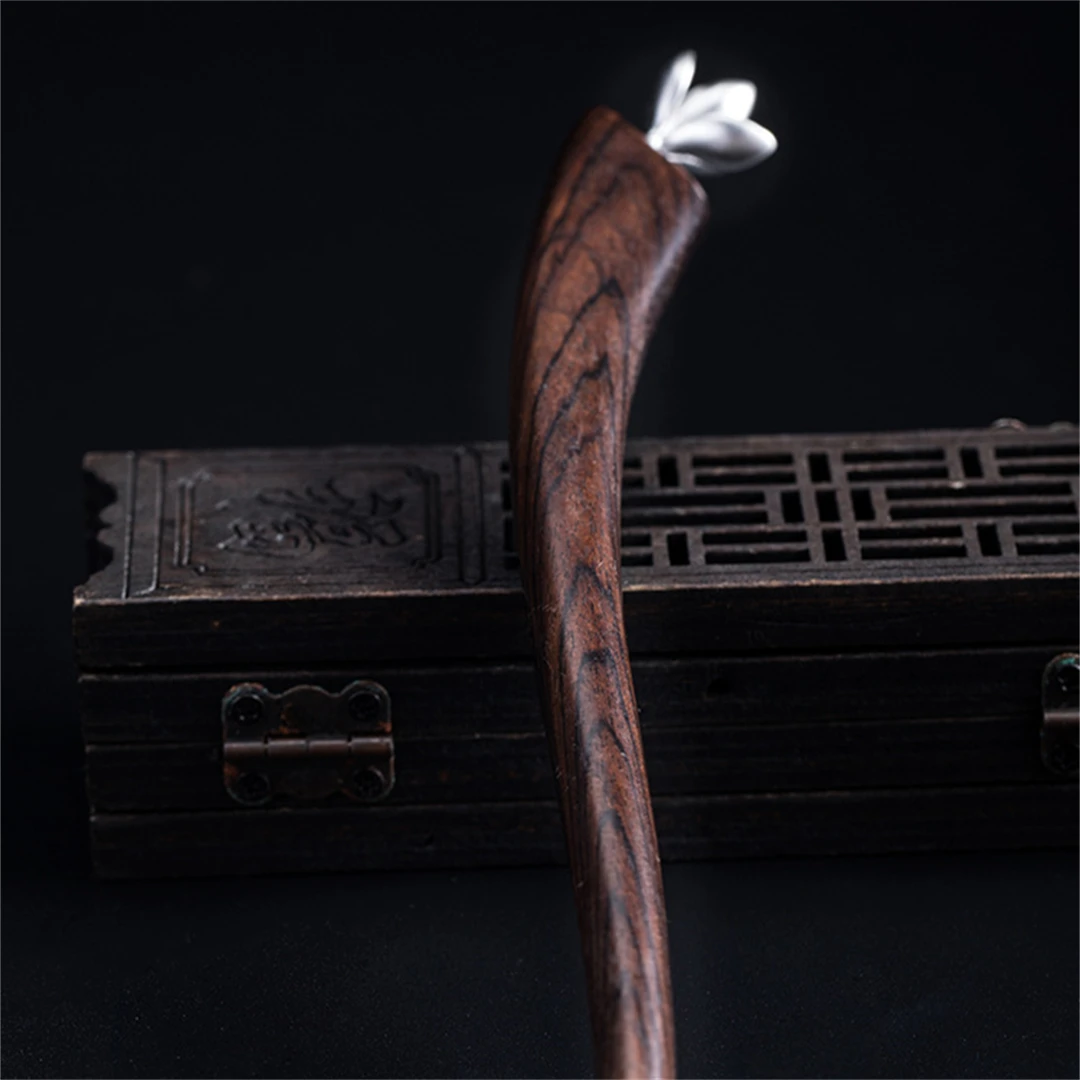 New 100% S925 Pure Silver Women's Men Retro Hairpin Ebony Wood Magnolia Blossom Chinese style Hanfu Hair Accessories Jewelry