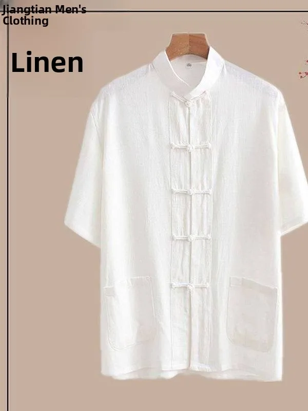 

Chinese Sle Linen ort Sve Men's irt Youth Cotton Linen Top Retro Button Monk's Robe Autumn Wear ort Sve irt