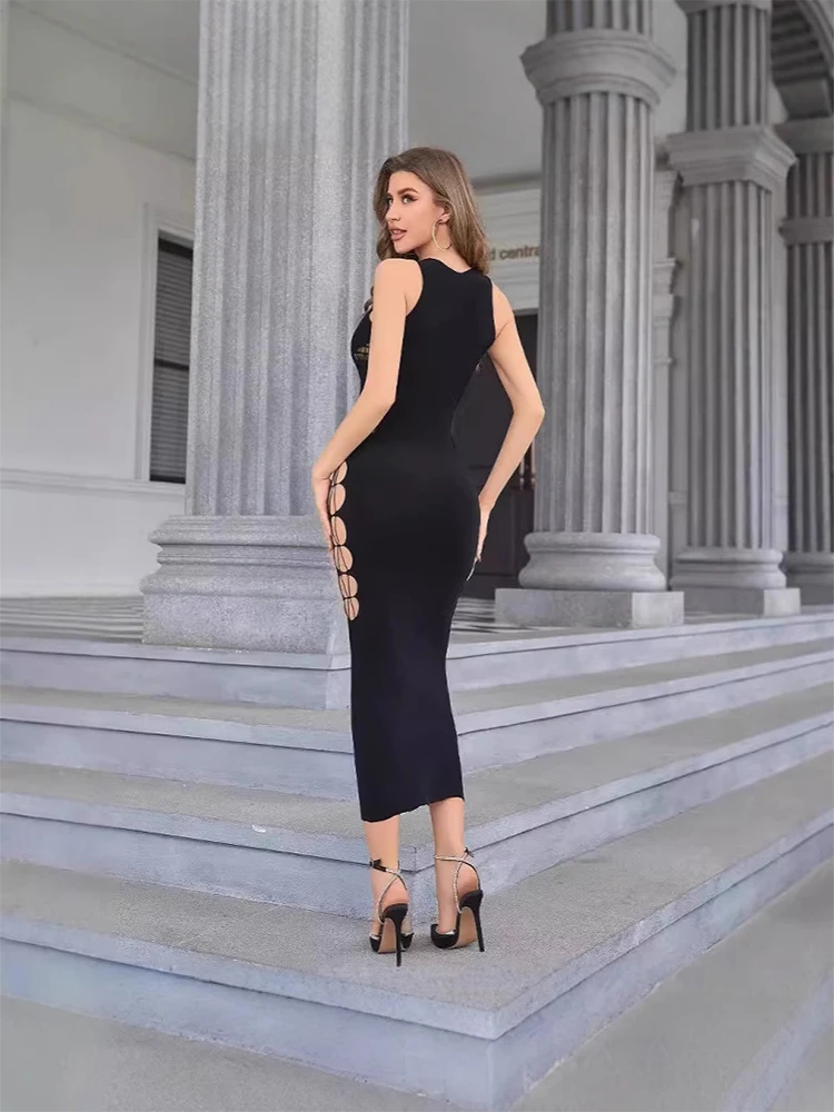 Sexy Damenkleid, Neckholder, figurbetont, langes Kleid, schwarz, mit Schnürung vorne, seitlicher Ausschnitt, ärmellos, Midi, Party, Club, Abendkleid