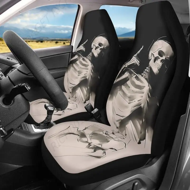 Halloween Skull Print Breathable Car Seat Cover Fit Four Seasons Black White Gothic Skeleton Pattern Car Universal 2pcs