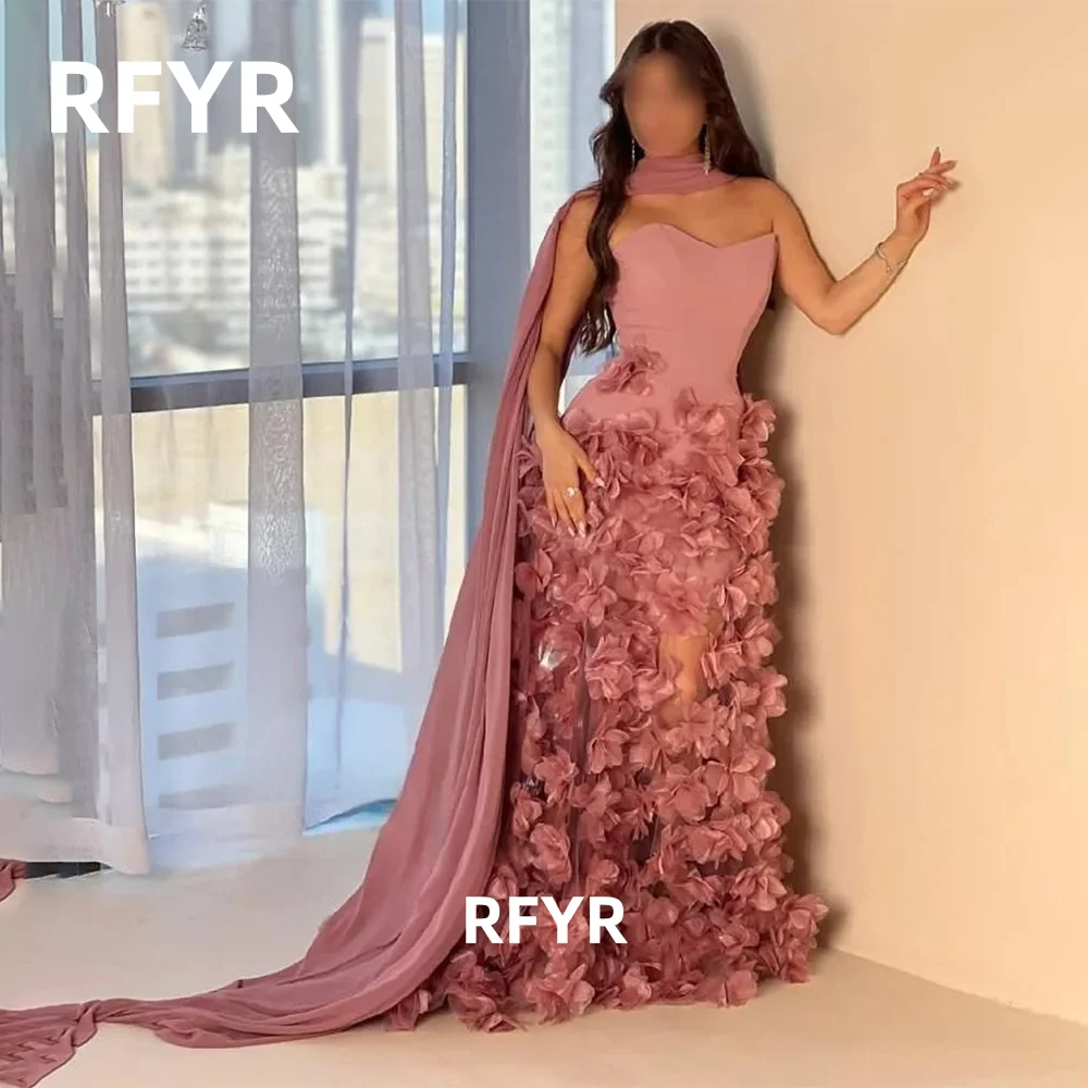 RFYR Blush Ballkleid 3D-Blumen Abendkleid mit Schal Partykleid Meerjungfrau فسات Adriут Pemb Nad Ama Sierra Özelleştirilmiş