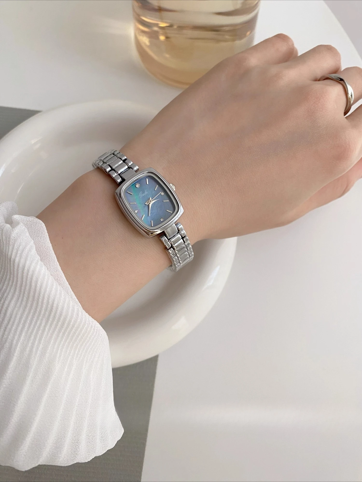 

Vintage French quartz women's watch, elegant chain, square mother-of-pearl dial, retro women's watch, quartz fashion watch.