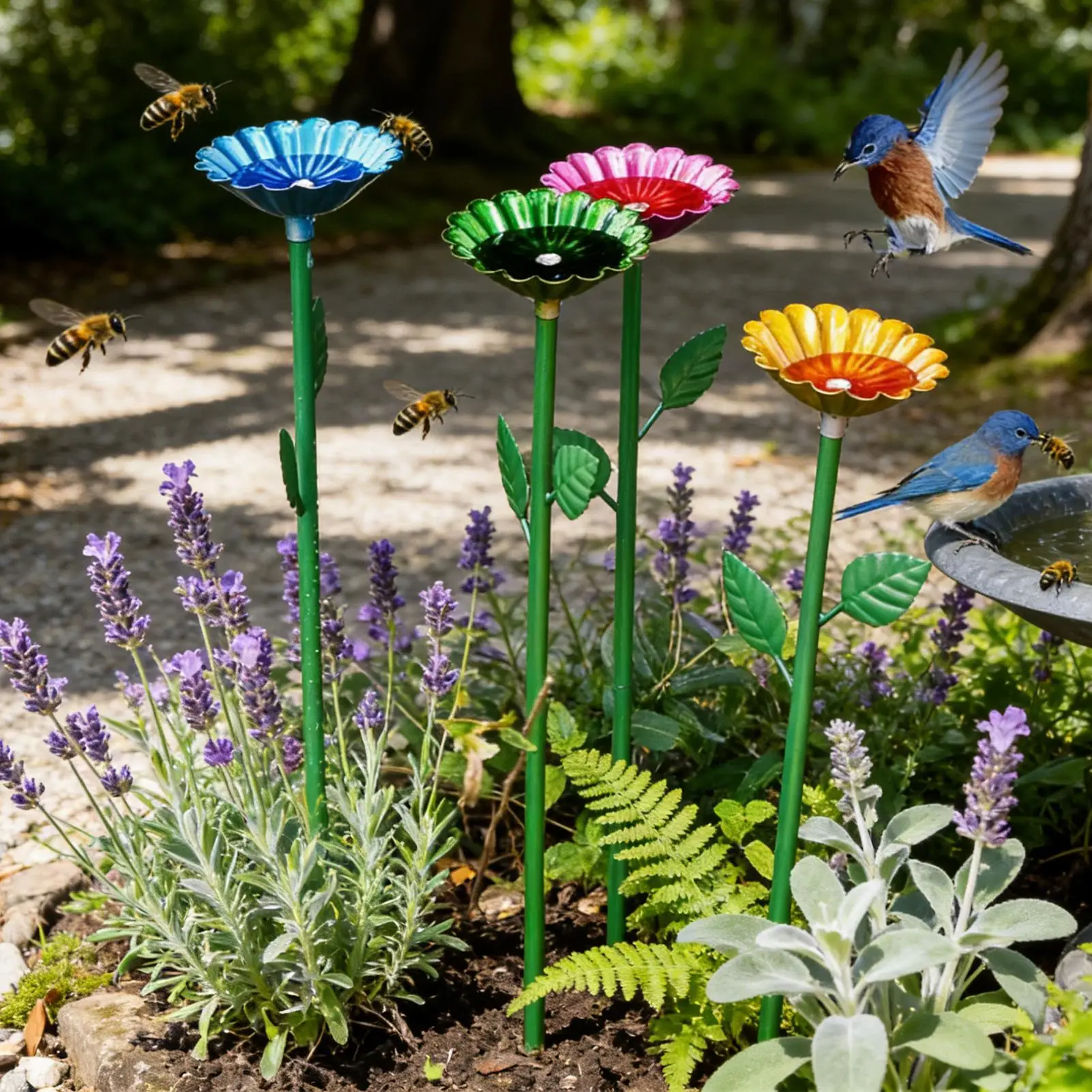 4-piece garden bee watering stand, colorful flower-designed metal bee bath and feeder cup, butterfly bee bath bowl and feeder