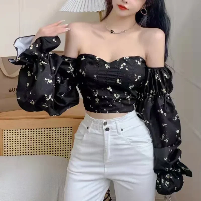 Sweet Off Shoulder Bubble Sleeve Fragmented Blouse Shirt for Women's Spring/Summer New Style Slim Fit Short Chiffon Shirt Top