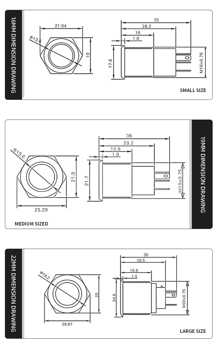 مقاوم للماء LED مفتاح بـزر دفع معدني 16/19/22 مللي متر لحظة/قفل سطح مسطح 5 ألوان (R/Y/B/G/W) 3-220 فولت التيار المتناوب/تيار مستمر للوحة التحكم