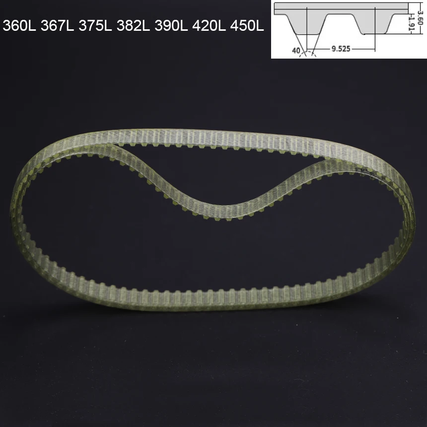 360L 367L 375L 382L 390L 420L 450L 9.525mm Pitch 10-50mm PU Polyurethane Steel Wire Trapezoidal Cogged Synchronous Timing Belt