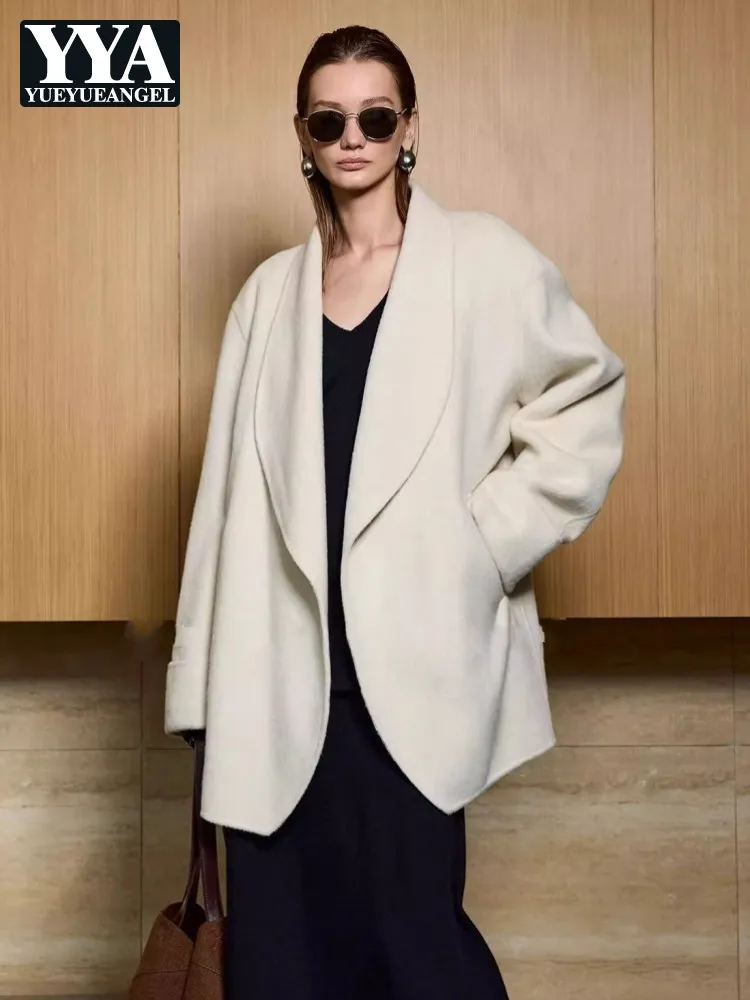 Elegant Women Autumn Winter Top Quality Wool Coat Loose Fit Double Faced Woolen Blends Overcoat Oversized Office Work Outwear
