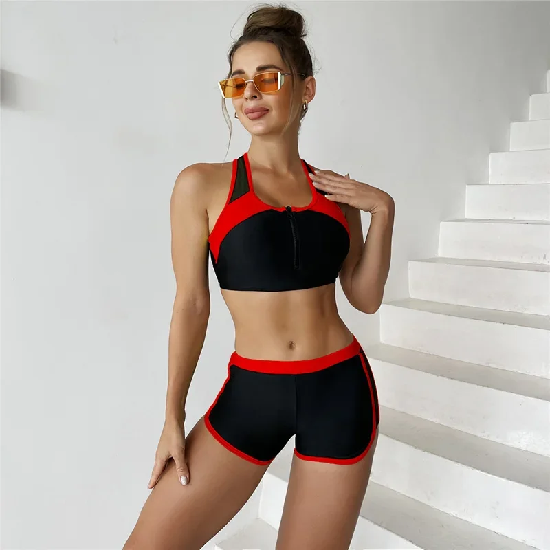 Sports Bikinis Women Swimsuit Two Piece Summer Surfing Suit Swimwear Beachwear Ladies Ziper Front Swim Bathing Clothing