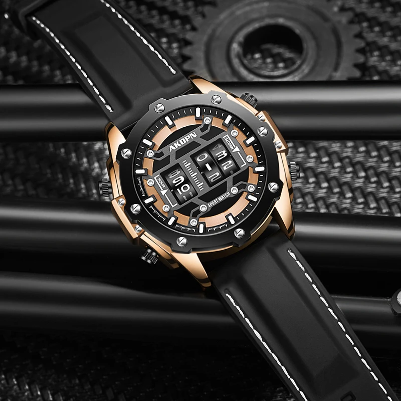 Mens Watches Quartz Watch Roller Digital Dial Design Silicone Strap Versatile Wristwatch Clock Waterproof Relogio Masculino