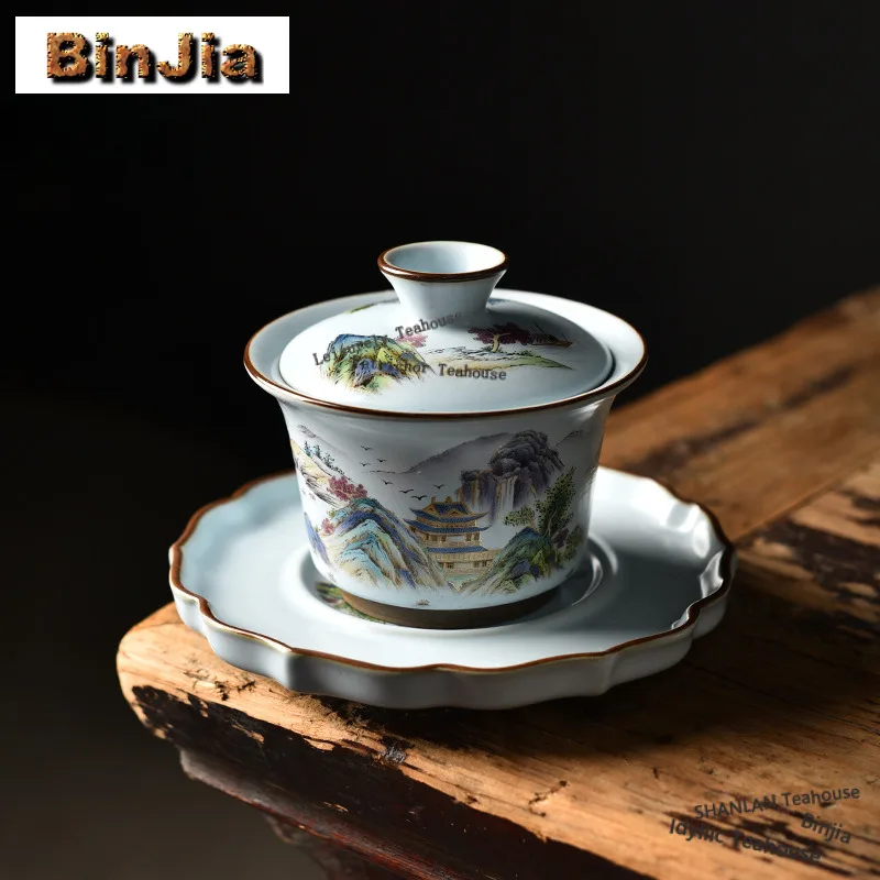 

150ml Ink And Wash Landscape Gaiwan Luxury Tea Tureen Household Tea Bowl With Lid Kit Tea Brewing Cover Bowl Drinkware Gifts
