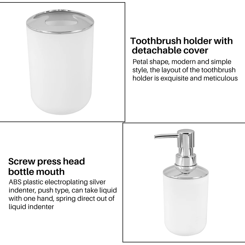 4 Pcs Plastic Bathroom Accessory Set,Bath Toilet Brush Accessories Set with Toothbrush Holder,Toothbrush Cup(White) [frki A79G]