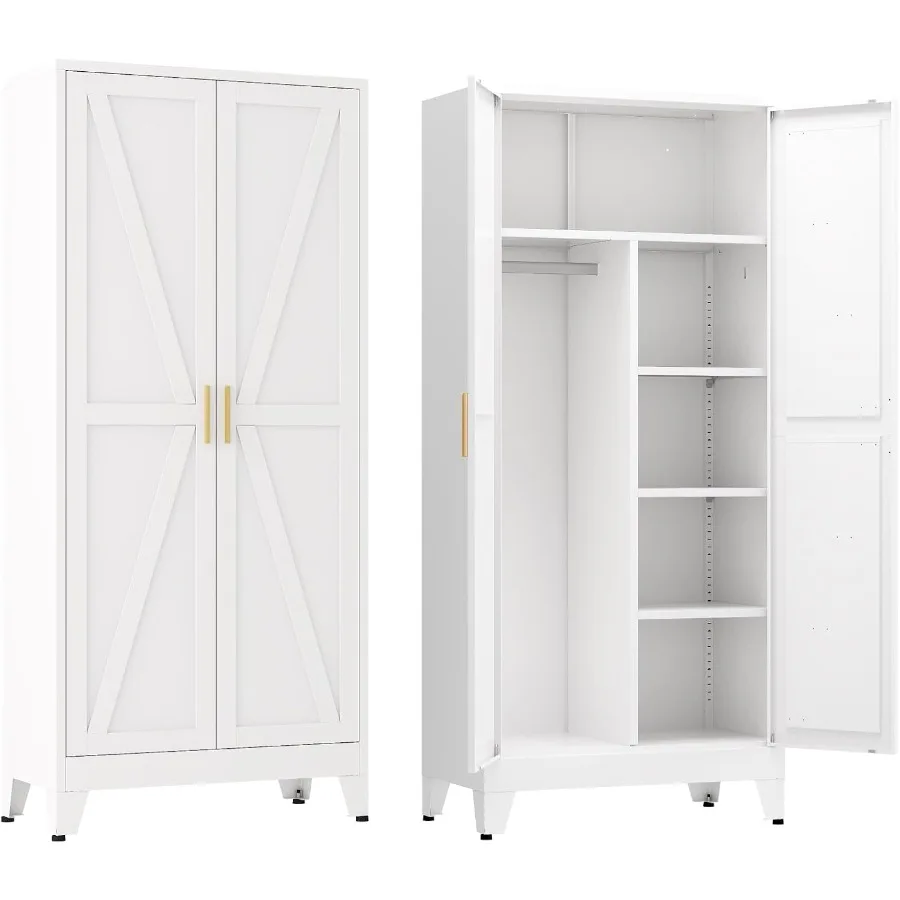 

Современный белый 71-дюймовый металлический шкаф-купе с подвесным стержнем и 4 регулируемыми полками, идеально подходящий для хранения и прачечной в спальне