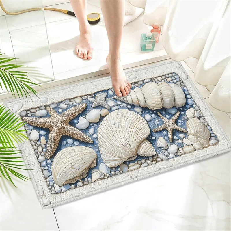 VIKAMA Realistic Coastal Shell Pebble Bath Mat Anti Slip Quick Dry Rug For Bathroom Door Balcony Beach Cottage Home Decor