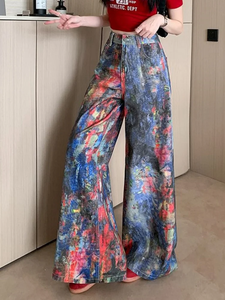 

New Fashion Print Ink Splatter Oil Painting Matching Denim Jeans Women's High Waist Wide Leg Pants