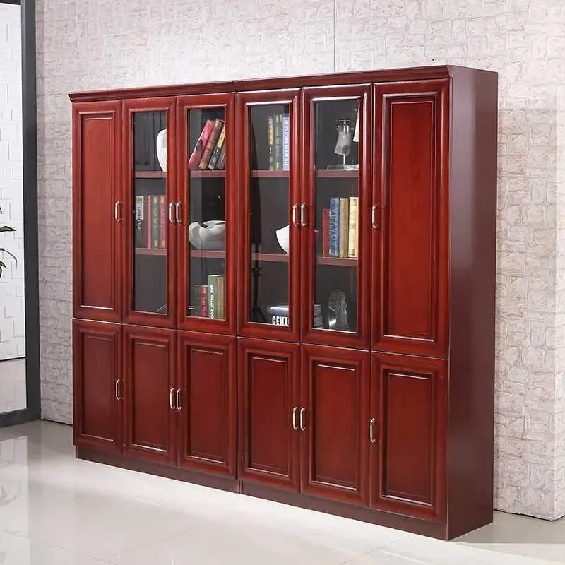 For Study Solid Wood Leather File Cabinet Multi-door Bookcase with Glass Door Painted Finish Storage Locker Home Office