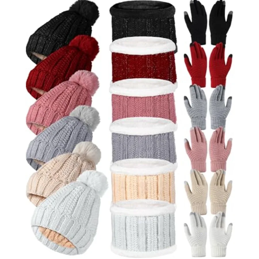 

18 Pcs Winter Beanie Hat Scarf Gloves Set for Women Include 6 Pcs Knit Hat Warm Beanie with Pompom 6 Pcs Fleece Lined Neck Warm