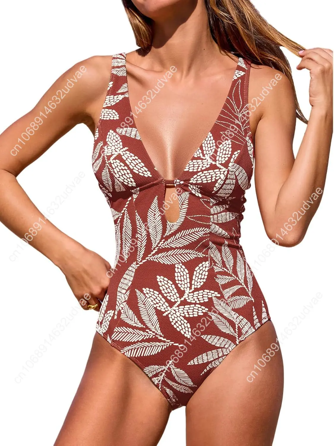 

Women's One Piece Swimsuit Deep V Neck Keyhole Cutout O Ring Textured Bathing Suit
