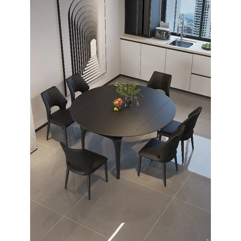 

Round rock slab dining table, telescopic folding square and round dual-purpose high-end sense