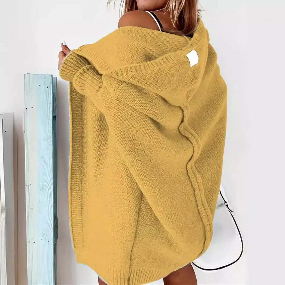 Losvallend vest Stijlvolle damessweater met capuchon en geribbelde manchetten Open voorkant Middellang gebreid vest in effen voor de herfst