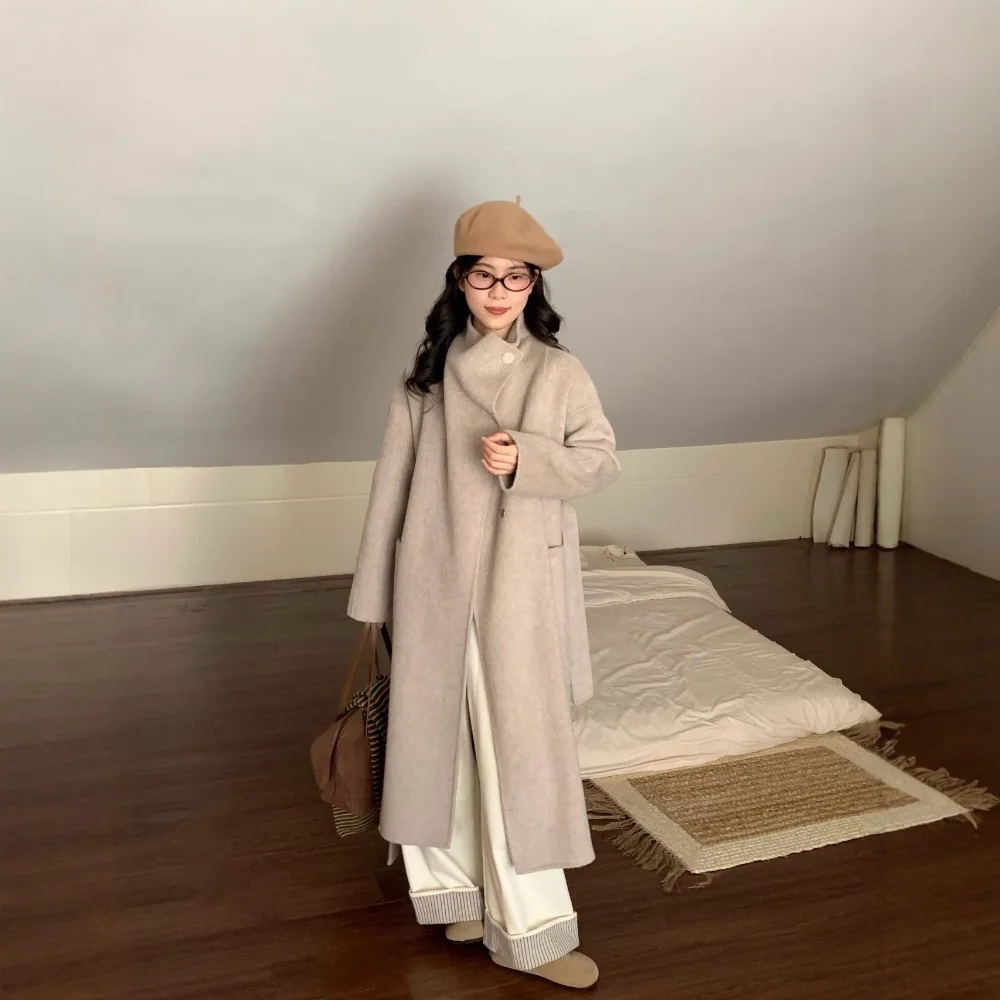 

Fashion Stand Up Collar Button High-end Double-sided Wool Coat Women's Autumn and Winter Long Woolen Coat