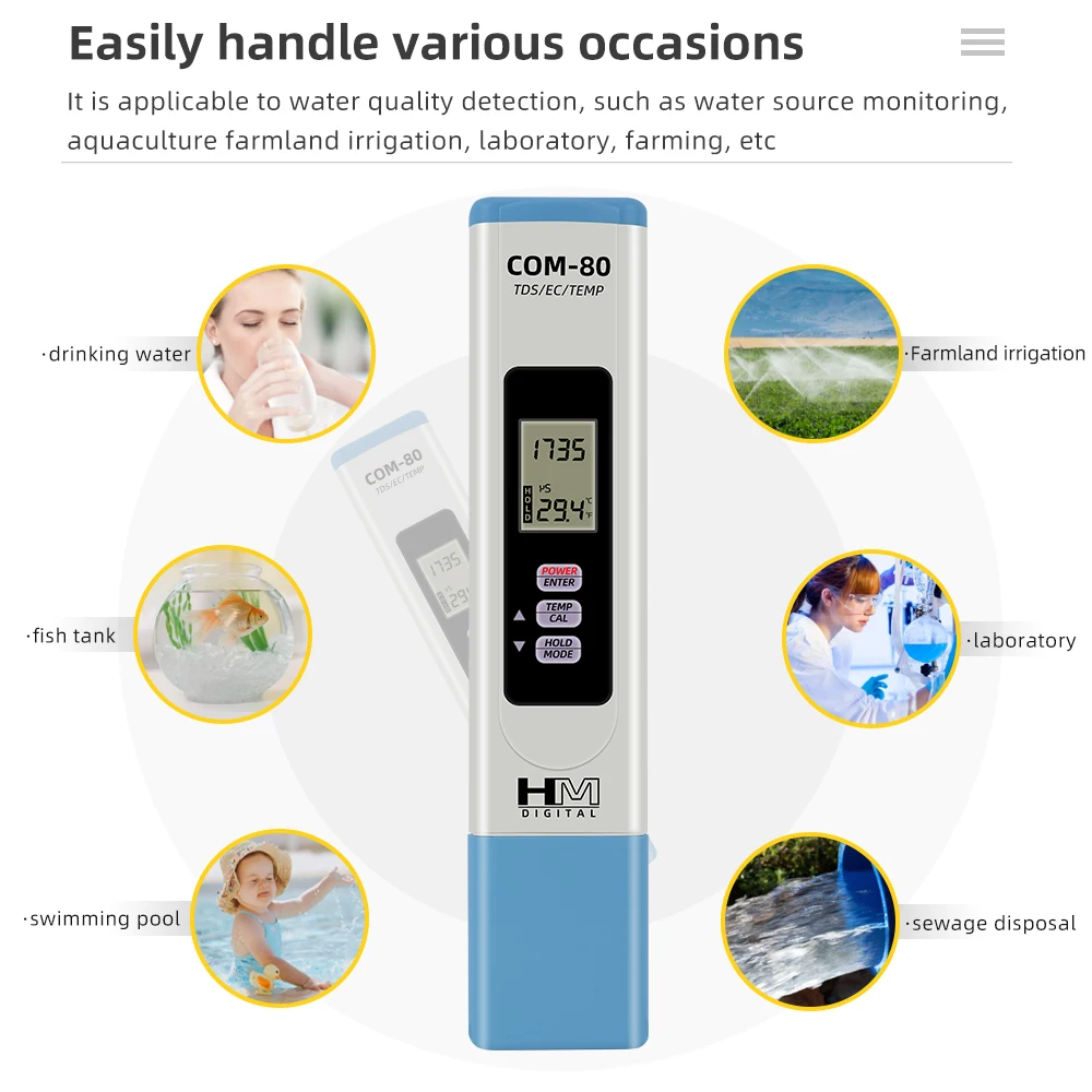 HM Digital 3 in 1 Water Quality Tester Portable TDS EC Temp Meter COM-80 Hydrotester Water Test Pen for Aquaclture Laboratory