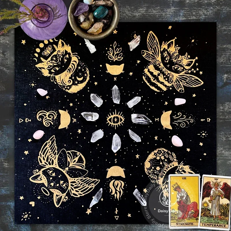 Tarot Cloth Golden Bee Fox Winged Cat Velvet Cloth Fortune Telling Board Game Mat Polyester Printed Home Decor Altar Cloth